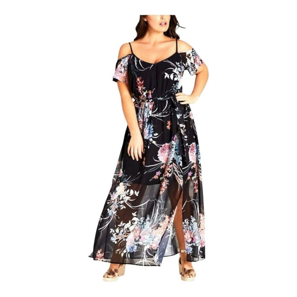 City Chic Black Floral Maxi Dress Size XL/22 Cold Shoulder Summer